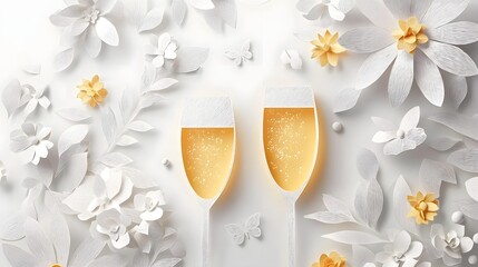 Minimalist Paper Cut Design of Champagne Glasses Clinking for 2026 New Year Elegant and Festive Concept with Floral and Butterfly Elements
