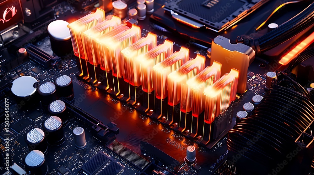Poster close-up view of a high-performance computer motherboard showcasing illuminated ram modules and circ