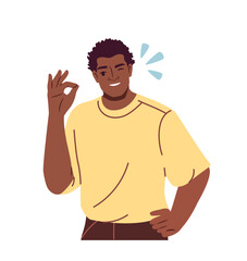 Naklejka premium Happy person showing hand gestures. Smiling young man making okay gesture and expressing positive emotions with body language. Flat vector illustration isolated on background