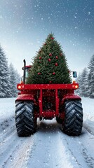Red Tractor Carrying Decorated Christmas Tree Through Snowy Landscape For Festive Season Celebration
