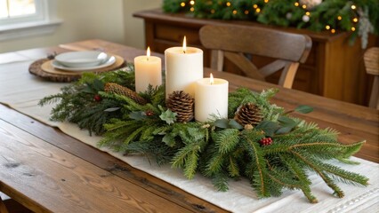 Wooden table set with a Christmas centerpiece featuring candles and evergreen branches, pinecones, Christmas centerpieces, seasonal decor, wooden tables, holly berries