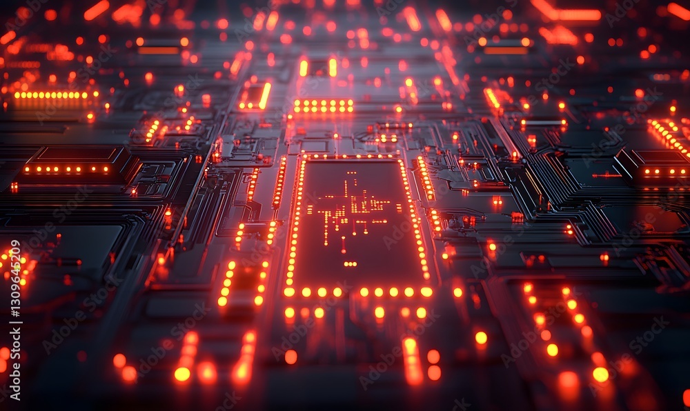 Poster detailed red circuit board glowing with intricate networks and light points