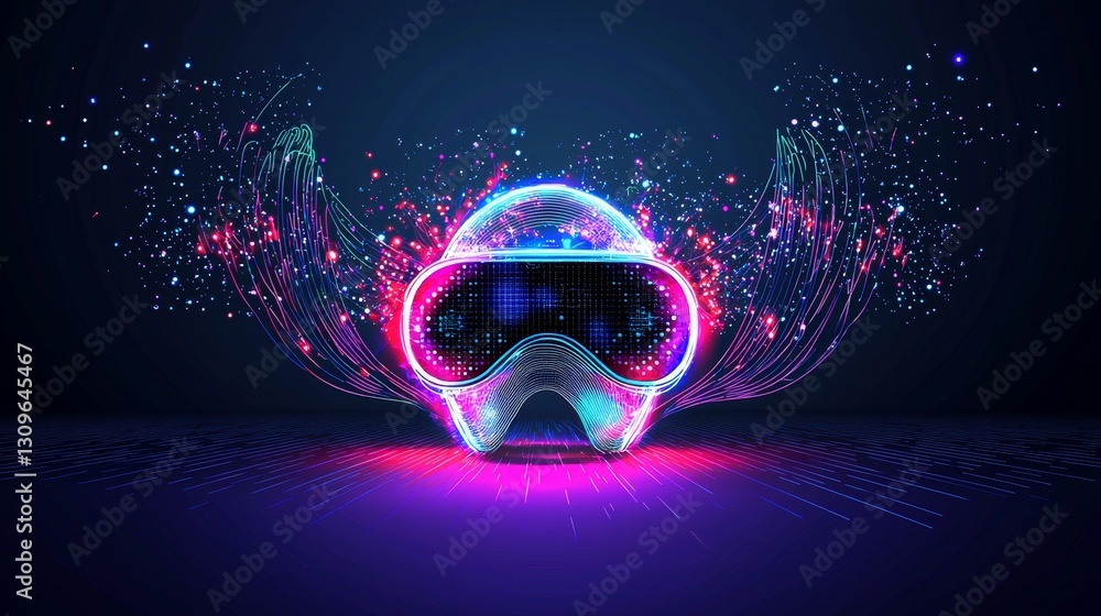 Poster futuristic vr headset with dynamic neon effects in an abstract metaverse setting