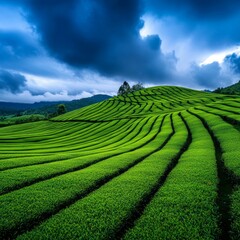 Serene Tea Plantation Landscape - Rolling green tea plantation under a dramatic sky. Lush, vibrant rows of tea bushes create a peaceful, scenic view