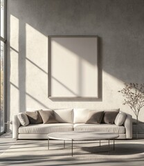 Modern, minimalist living room interior with a large blank canvas, featuring natural light and a cream-colored sofa and coffee table.