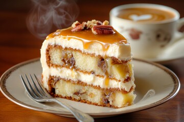 Enjoy a slice of moist hummingbird cake layered with fruits, nuts, and rich frosting