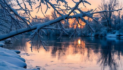 the sun is setting over a frozen lake