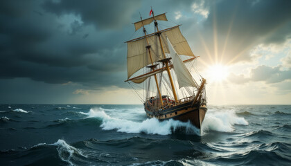 Obraz premium Old wooden sailing ship navigating stormy ocean at sunset, adventure