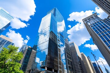 Obraz premium Skyscrapers and Blue Sky - Stunning low angle view of modern skyscrapers against a vibrant blue sky with fluffy white clouds. Perfect for urban, business, or architecture themes