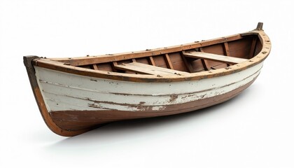 Isolated wooden dinghy boat on white background. Marine vessel with aged texture, cracked paint, prepared for sea travel, fishing water sport activities. Nautical design element with damaged,
