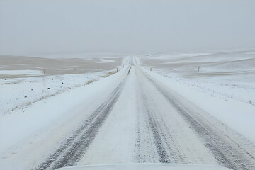 Snowy Road Through Winter Landscape Photo