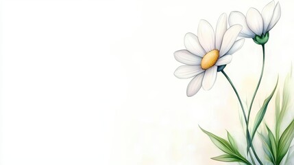 Naklejka premium Exquisite white flower with lush green leaves on pristine white background, study in minimalist floral beauty