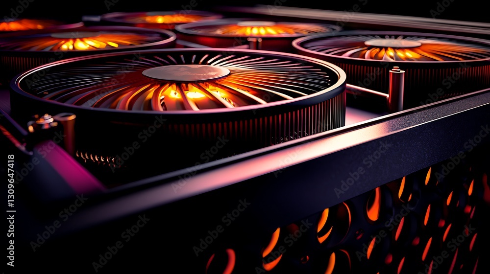Poster close-up view of a high-performance cooling system with glowing fans in a dark setting