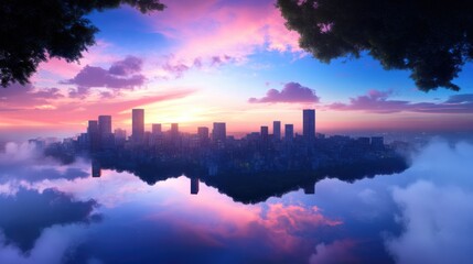 Surreal cityscape at sunset, floating on clouds with a mirrored reflection, framed by trees.