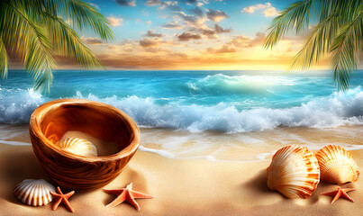 Serene beach scene at sunset with seashells, starfish, and a wooden bowl, offering a tranquil and idyllic coastal escape.