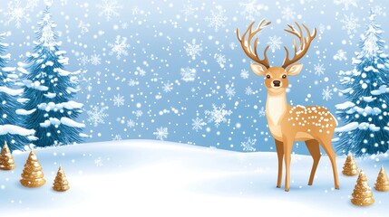 Illustration Deer standing in snowy winter forest scene with trees and falling snow, for Christmas card use