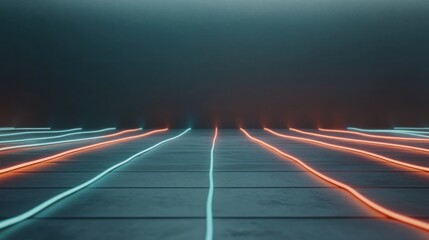 Glowing neon grids create an expansive digital landscape in a futuristic environment