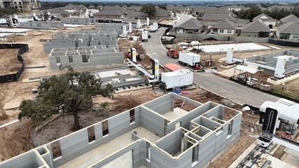 Fototapeta premium 3D printed residential community - aerial view of homes built using giant 3-D printer 