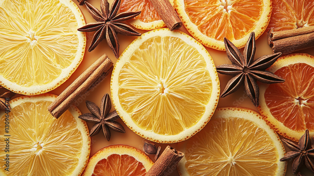Poster Bright slices of lemon and orange are complemented by cinnamon sticks and star anise, creating a vibrant, fragrant composition