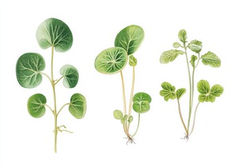 Illustration showcasing various parts of the Pilea plant with detailed botanical features and growth stages