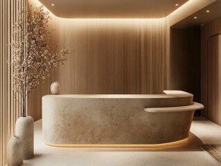 A modern reception desk with decorative items and ambient lighting