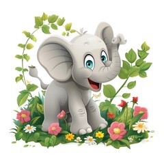 Cute Cartoon Elephant Surrounded by Colorful Flowers and Plants