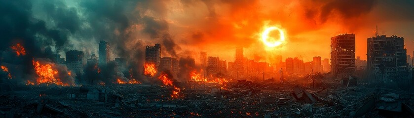 Fototapeta premium Post Apocalyptic Cityscape Firestorm and Ruin Aftermath with a Blazing Sun in the Background View