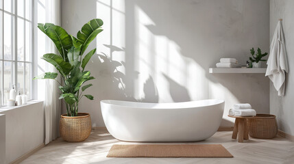 Fototapeta premium Soft light filters through windows onto a chic bathroom with a stylish bathtub, greenery, and neutral decor creating a calming atmosphere