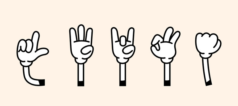 70s groovy comic set. Cute retro icons with cartoon hands in gloves showing different gestures. Decorative design elements. Outline doodle illustration collection isolated on background