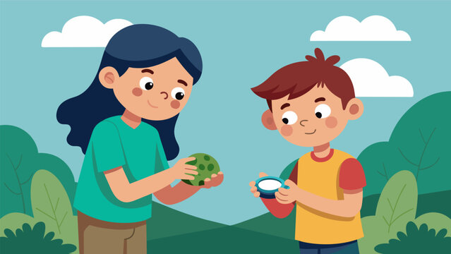 Two siblings admire the handmade trinkets theyve found in a geocache while the older sibling shows the younger one how to input the coordinates on. Vector illustration