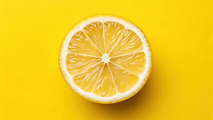 Fresh lemon slice on bright yellow background, showcasing juicy texture and vibrant color