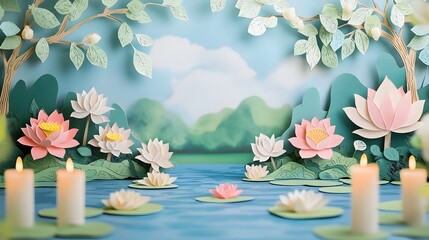 Serene paper cut lotus flowers floating on a peaceful river with burning candles celebrating the traditional Songkran water festival in Thailand  A tranquil meditative