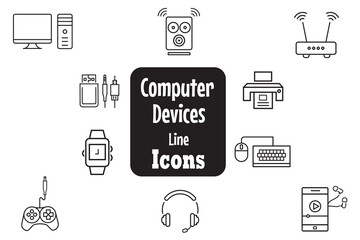 Computer devices technology thin line icon set. Vector illustration of chips, computer devices, mobile, hard drive, keyboard, headphone, printer, wifi router, gamepad, mouse, laptop, webcam, speaker.