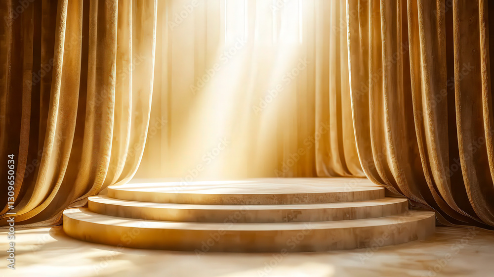 Aufkleber the setting features golden curtains draping elegantly around a stage, illuminated by soft, warm lig