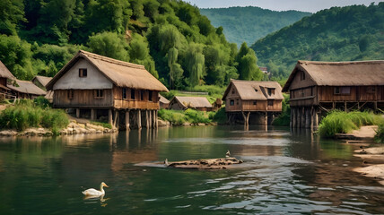 Naklejka premium Traditional Stilt Houses by a Tranquil River in a Rural Setting 
