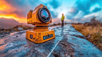 Surveying equipment on a rocky outcrop at sunset