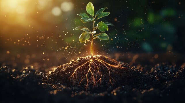 A Strong Young Sapling Growing with Glowing Roots in Dark Soil Surrounded by Nature's Beauty and Light