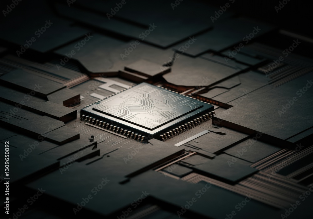 Poster close-up of a microchip on a dark circuit board background