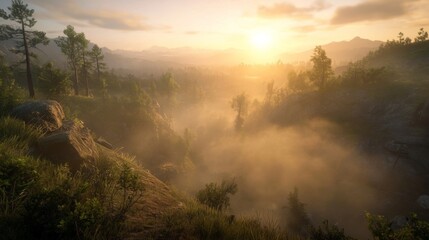 Naklejka premium Golden Sunlight Illuminates Rugged Ravine at Dawn