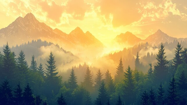 Sunlit evergreen forest below towering misty mountains