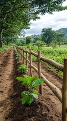 Sustainable Livestock and Agroforestry Practices, A farmer strategically planting nitrogen-fixing trees alongside livestock enclosures, promoting shade, soil enrichment, and sustainable fodder