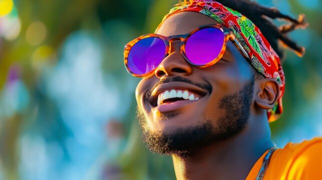 Music Festival Attendees concept A smiling man wearing colorful sunglasses and a headband, enjoying a sunny outdoor setting.