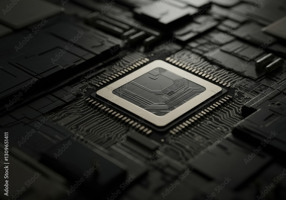 Poster close-up of a computer chip on a dark circuit board background