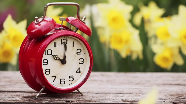 Alarm clock with daffodil flowers in spring. Spring forward, springtime or daylight savings time background.