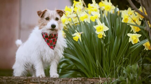 Cute dog next to daffodil flowers in spring. Springtime, easter background.
