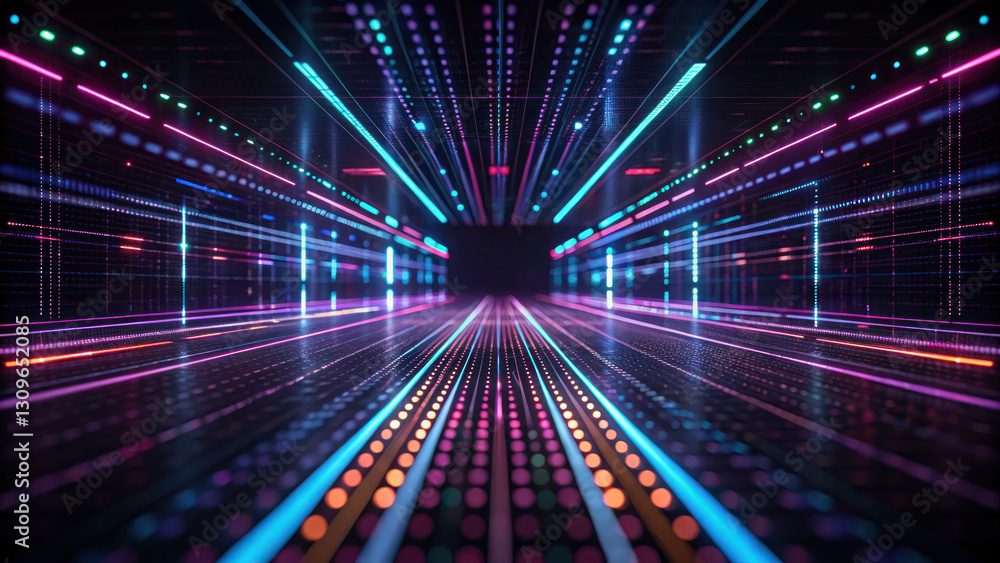 Poster abstract digital landscape with glowing lines and dots creating depth