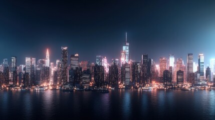 Obraz premium Glowing pixelated city skyline at night with illuminated buildings reflecting on water