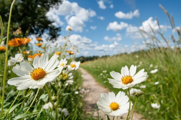 Obraz premium Scenic countryside path surrounded by colorful wildflowers under a bright blue sky with fluffy clouds