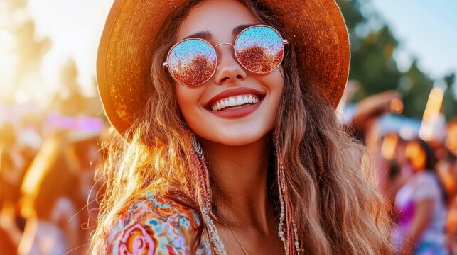 Music Festival Attendees concept Smiling woman in a sun hat and sunglasses enjoying a festival atmosphere.