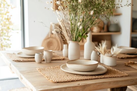 Rustic wooden table set with boho-style decor featuring natural elements and earthy tones in a cozy dining space